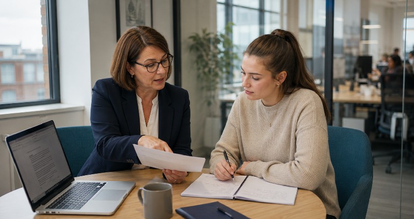 Senior colleague explaining a printed document to a younger employee taking notes in an office