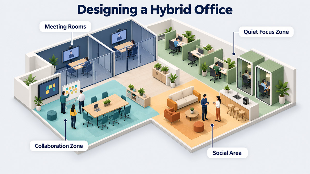 Isometric floor plan of a hybrid office divided into a collaboration zone, meeting rooms, a social area and a quiet focus zone